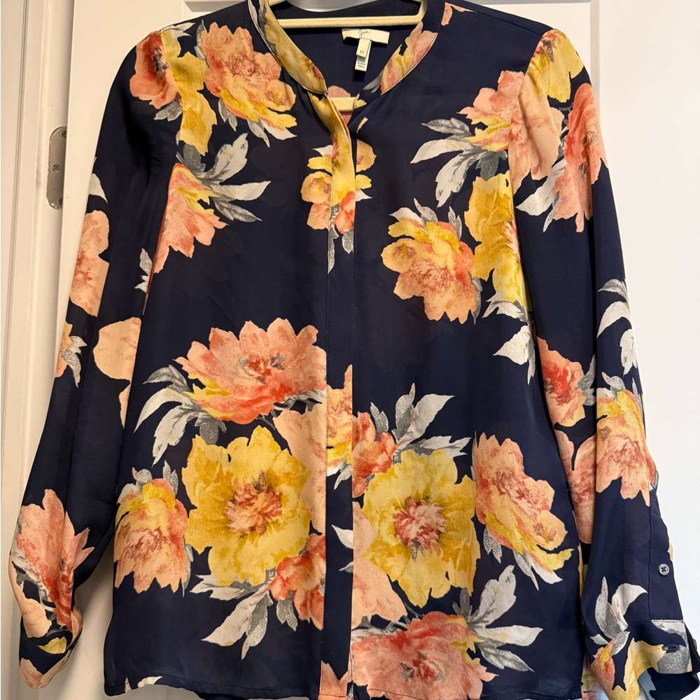 Joie Silk Orange and Yellow Long Sleeve Blouse with Mandarin Collar